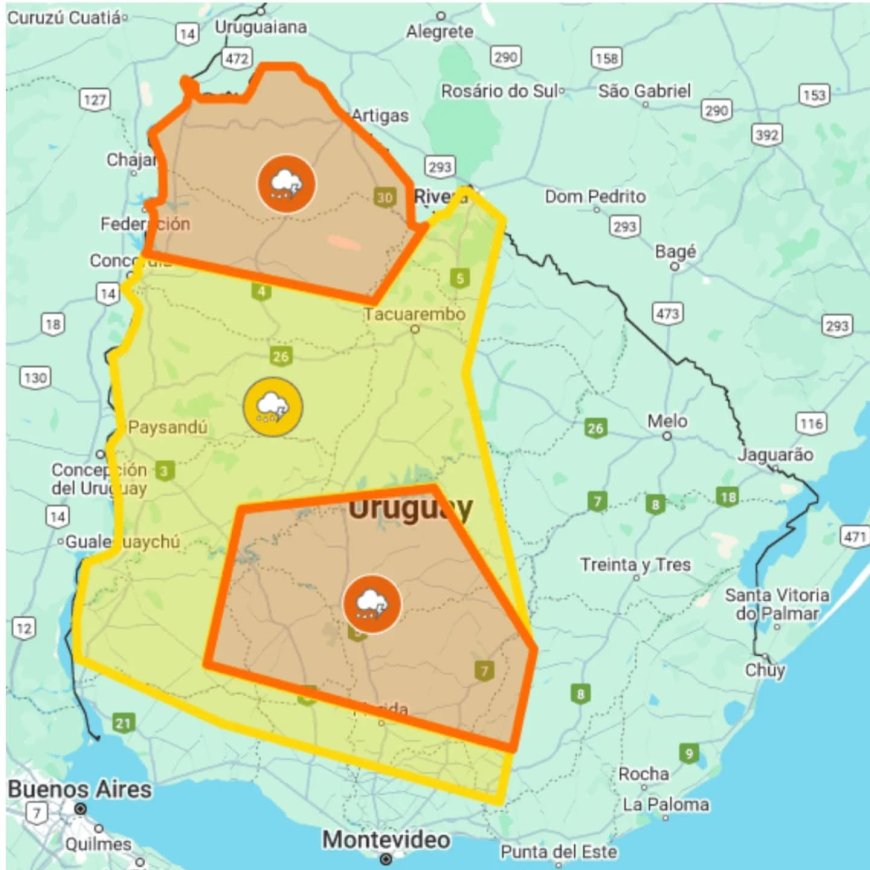 AHORA gran parte del departamento de Durazno en Alerta Naranja.